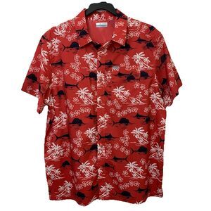 Columbia PFG Shirt Mens L Red Fish Tropical Print Short Sleeve Button Vented